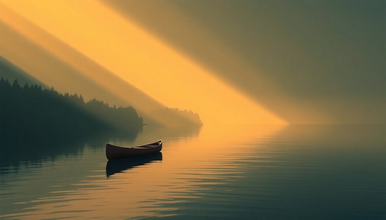 A tranquil oil painting depicting a lone canoe floating on a still lake surrounded by forested shores, with warm sunlight and deep shadows creating a contemplative, nostalgic mood that evokes the natural splendor of the Boundary Waters region.