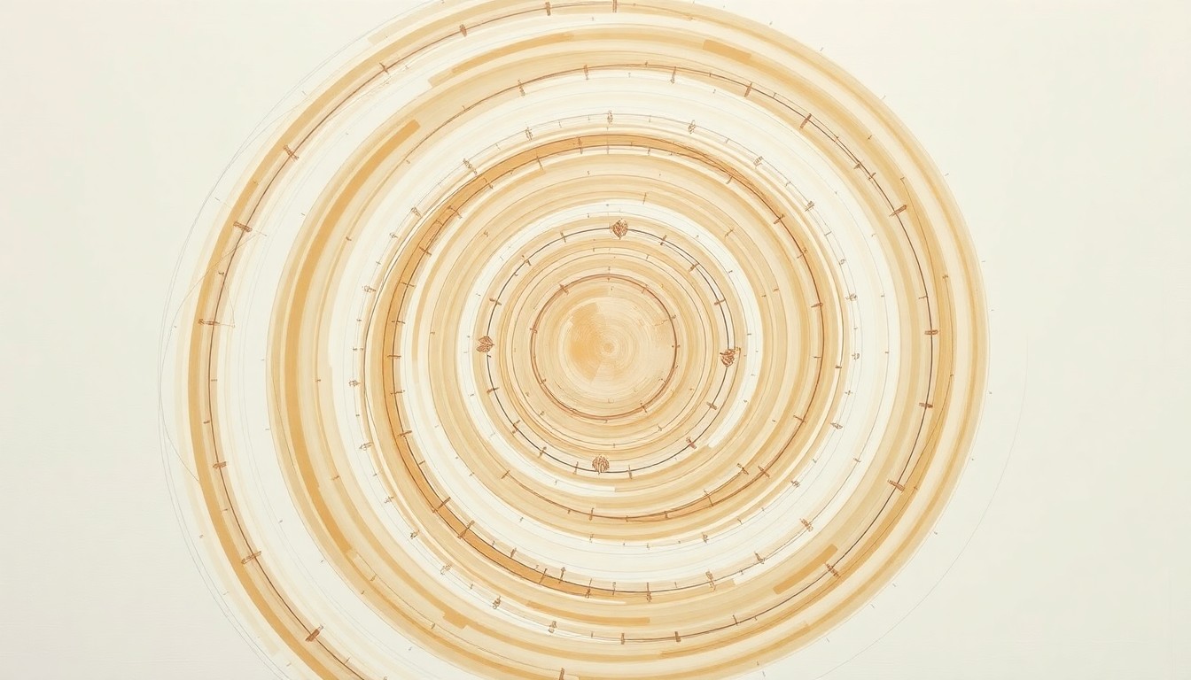 An abstract, highly structured painting in muted earth tones depicting the intricate geometric patterns and spiraling forms that make up the Dermizax waterproof membrane, visualizing its technical innovation and performance capabilities.