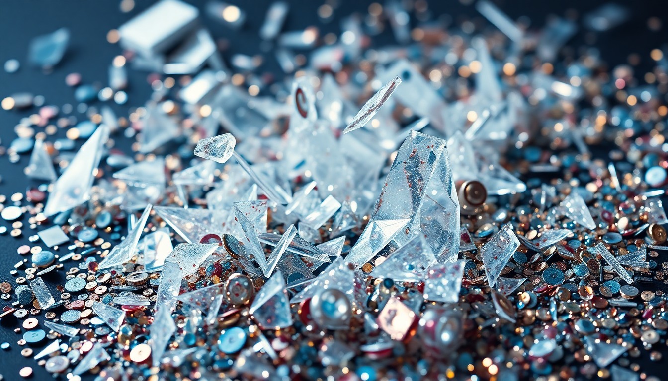 An abstract close-up photograph featuring shattered glass and glittering sequins, conveying a sense of high-stakes glamour and potential pitfalls associated with reality TV celebrity.