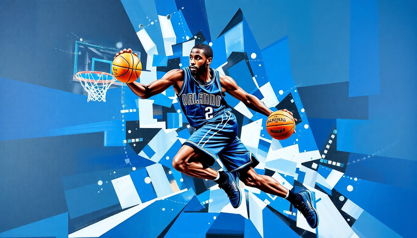 A cubist, geometric painting depicting a basketball player in motion, with sharp, overlapping planes of blue, black, and silver colors representing the Orlando Magic's team palette.