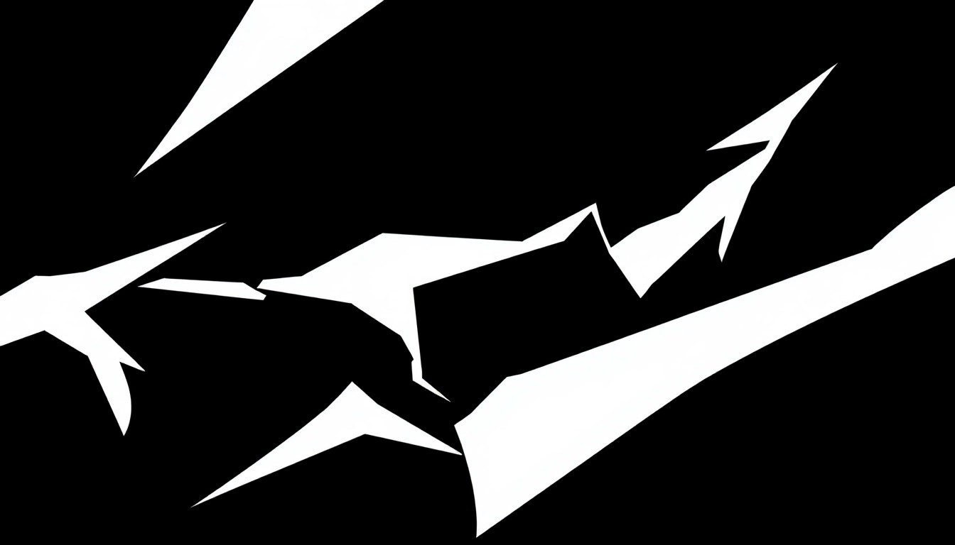 An abstract, minimalist illustration featuring sharp, angular shapes in stark black and white, conveying the competitive yet cooperative spirit of the video game industry.