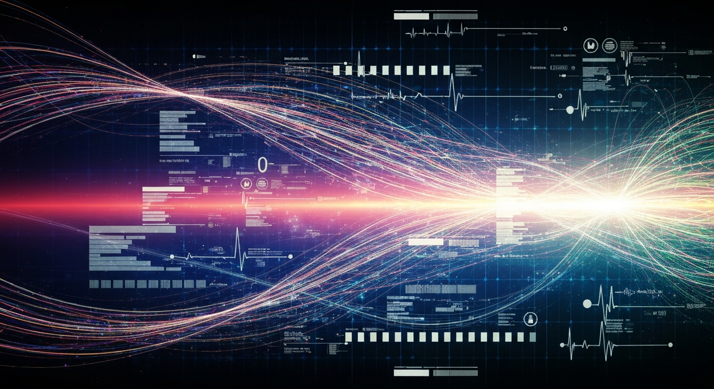 A vibrant, neon-outlined visualization of a digital medical data dashboard, with pulsing lines and shapes representing the seamless flow of clinical information.