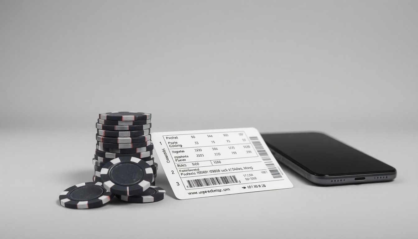 A minimalist studio still life photograph featuring a stack of poker chips, a sports betting ticket, and a modern smartphone in muted tones of gray, black, and silver, symbolizing the digital gaming industry's growth and DraftKings' international expansion plans.