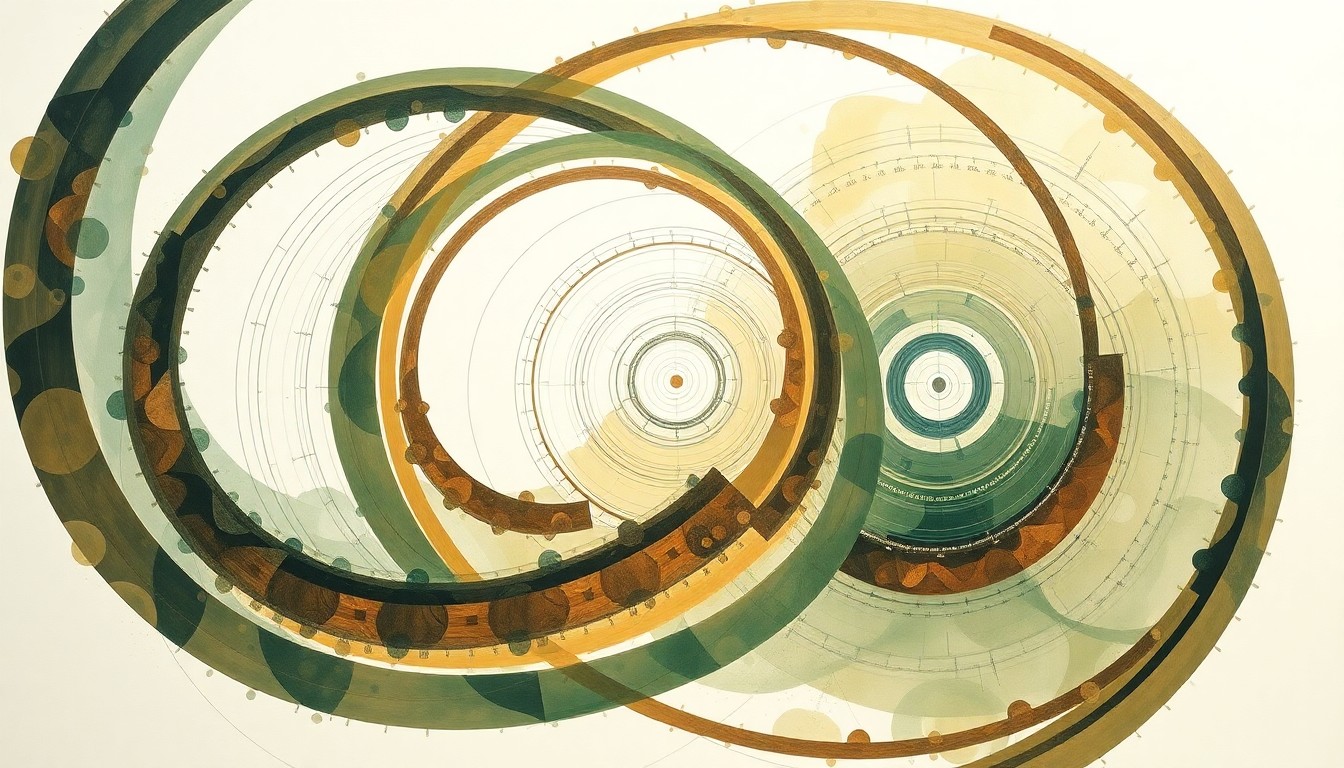 A highly structured abstract painting in earthy tones of green, brown, and blue, featuring sweeping geometric arcs, concentric circles, and precise botanical spirals, conceptually representing the complex scientific forces and concepts behind next-generation sequencing and bioinformatics research.