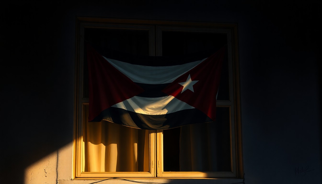 A nostalgic, cinematic painting depicting an old, weathered Cuban flag hanging in the window of a dimly lit, vintage-style building, bathed in warm, diagonal sunlight and deep shadows, conceptually representing the somber history of the Bay of Pigs invasion.