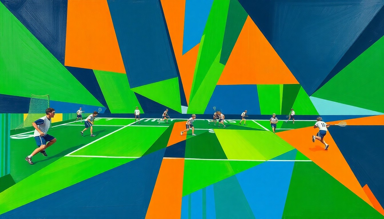 A cubist, geometric painting depicting a high school lacrosse game, with overlapping planes of bright green, navy blue, and orange representing the dynamic action on the field.