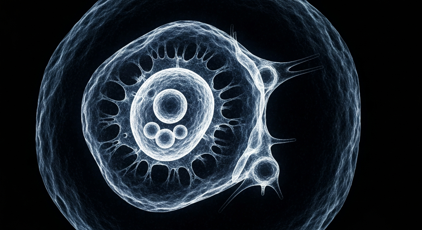 A highly detailed, translucent X-ray-style image revealing the intricate inner workings of a human cell, representing the advanced scientific research being conducted to better understand cancer biology.