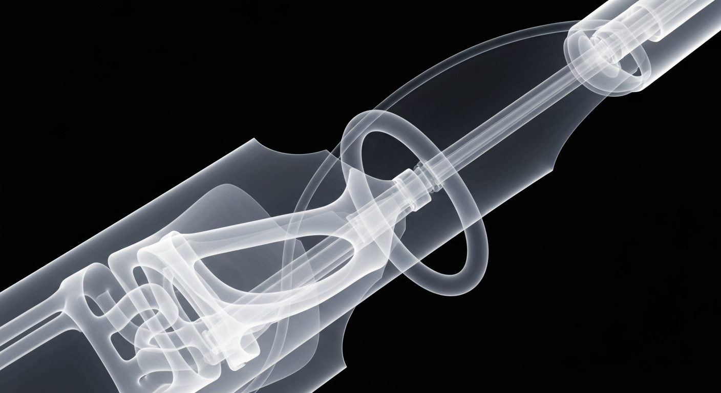 An ethereal, X-ray-like image of a cardiac catheter device, its intricate internal structure visible in glowing, ghostly detail against a dark background, conceptually representing the advanced technology being unveiled at the industry conference.