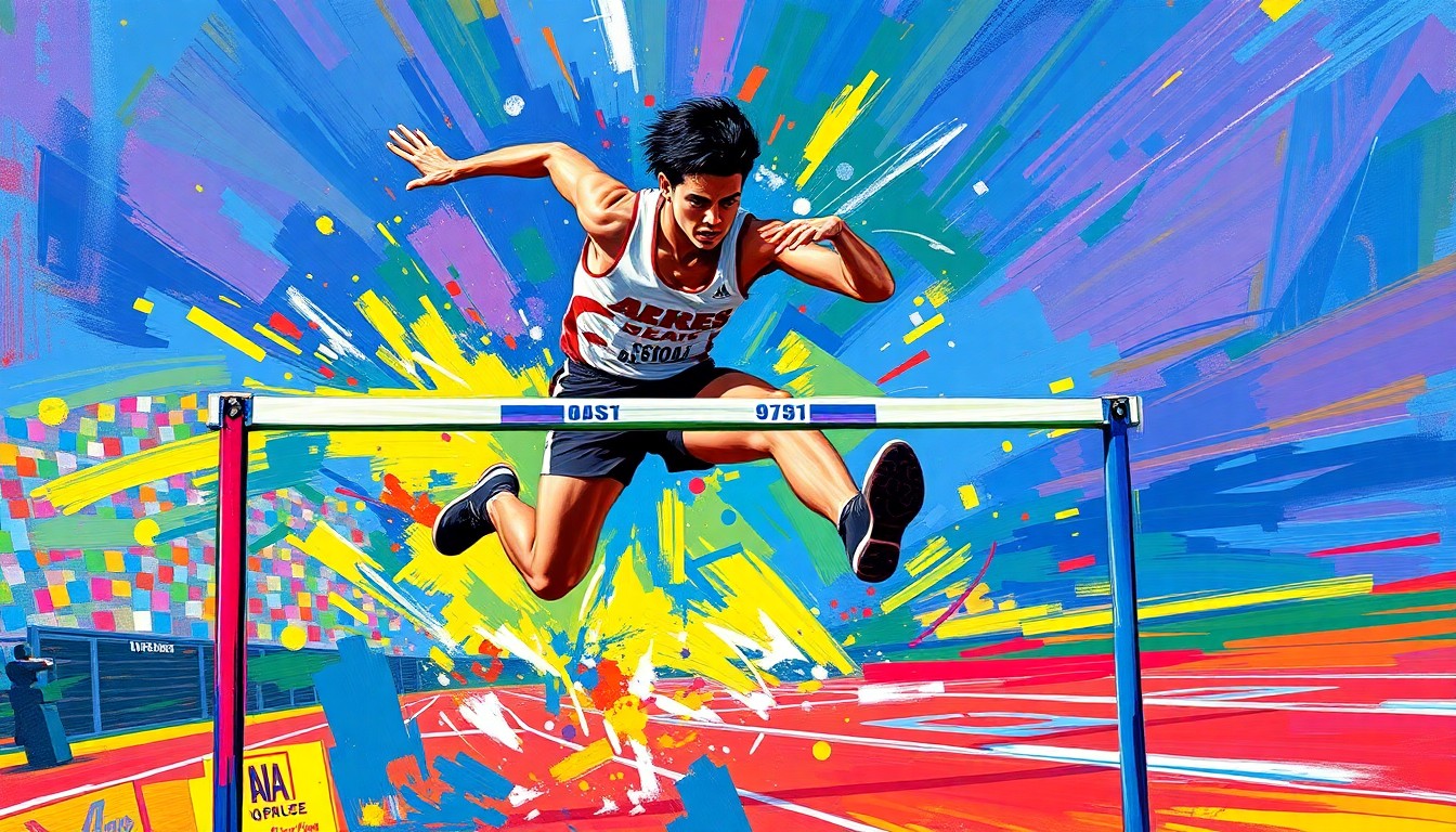 A vibrant, energetic painting using rapid brushstrokes and neon colors to depict the powerful motion of a high school hurdler clearing a hurdle, conveying the raw athleticism and competitive spirit of the sport.
