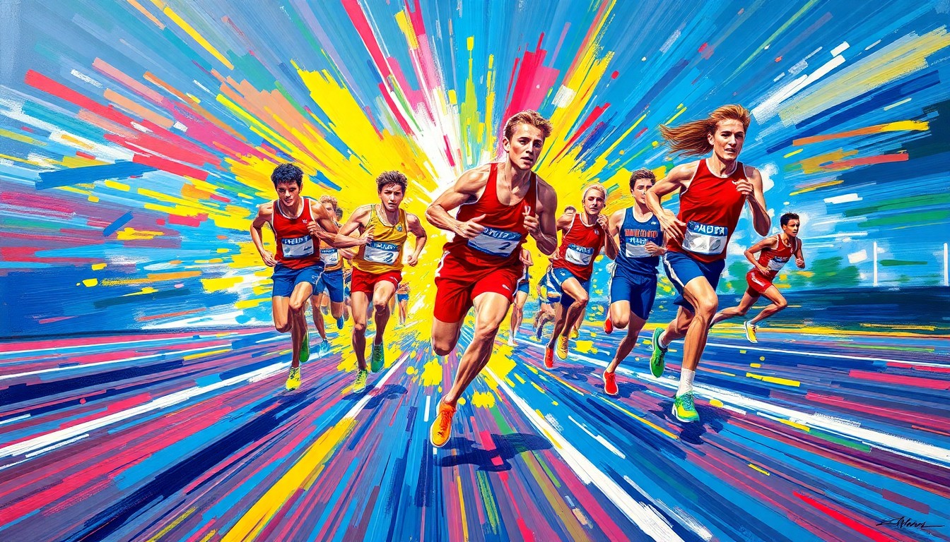 An abstract, energetic painting featuring bold brushstrokes in neon shades of yellow, orange, and pink, conveying the dynamic motion and competitive spirit of a high school track and field event.
