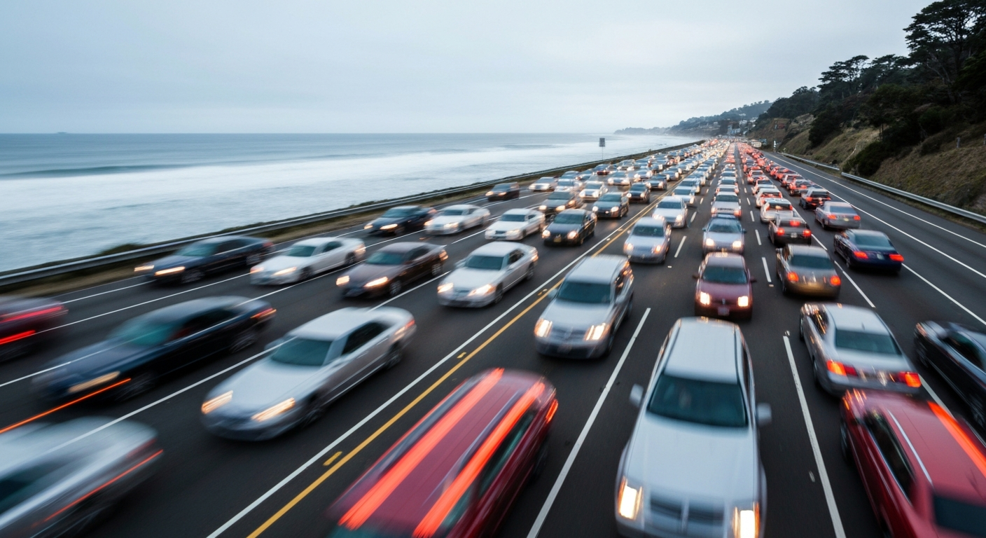 An abstract, impressionistic image of a coastal highway with cars reduced to blurred streaks of color, conveying the disruption and inconvenience caused by the DMV closure.