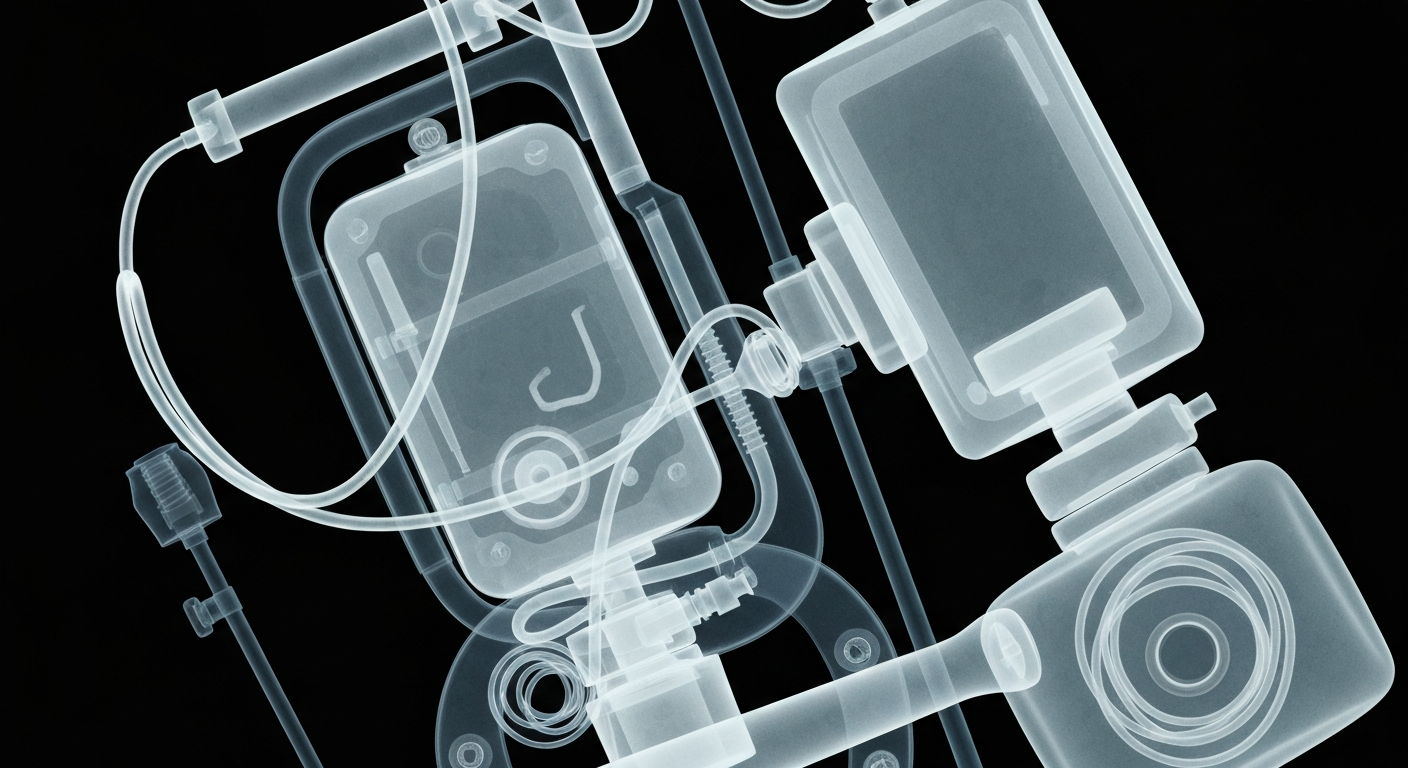 An extreme close-up, translucent X-ray photograph revealing the intricate internal structures of medical equipment and supplies, conceptually illustrating the vital healthcare services provided to 9/11 responders and survivors.