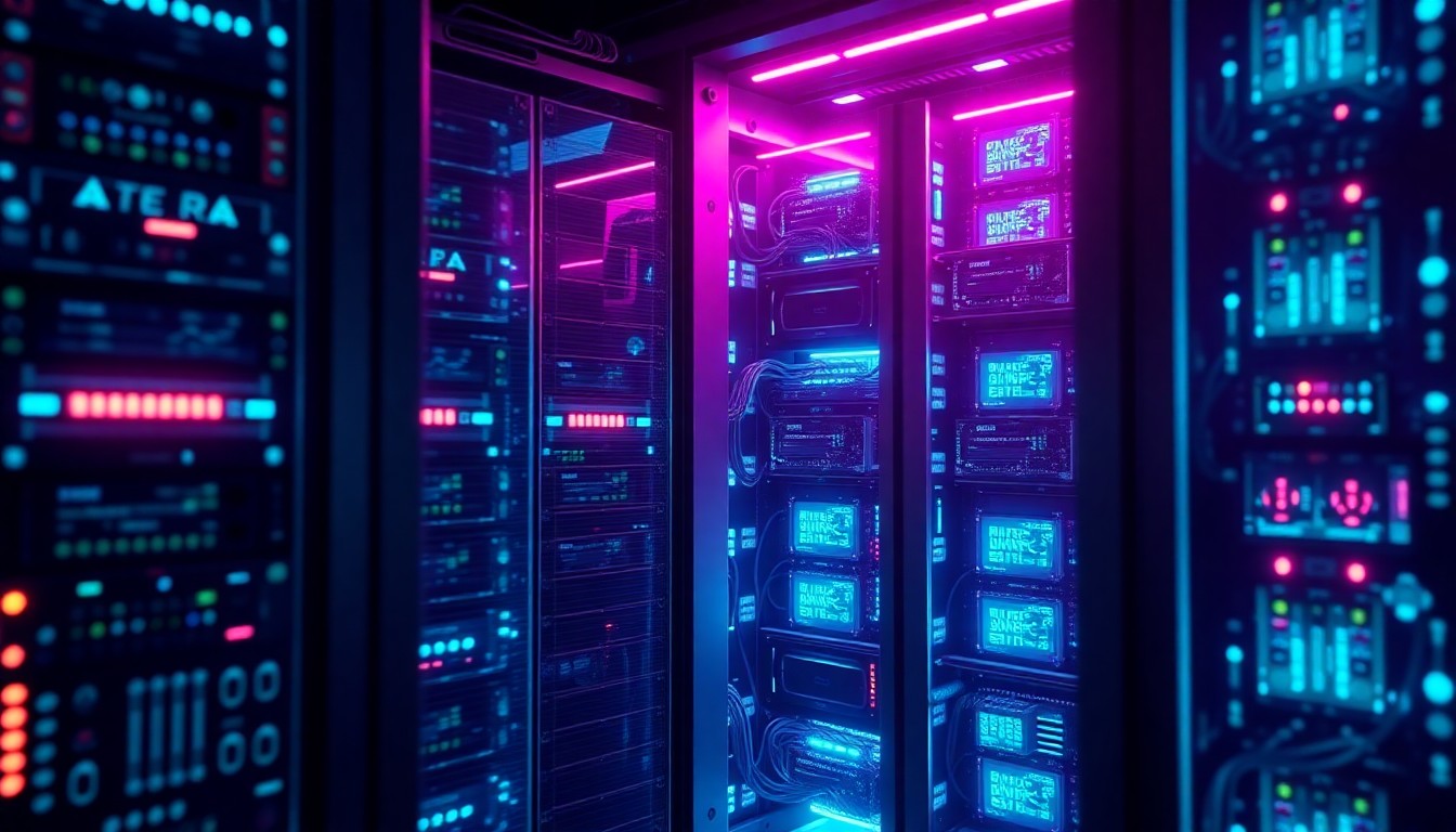A highly detailed, glowing 3D illustration of a futuristic data center server rack, with neon cyan and magenta lights illuminating the intricate hardware components, conceptually representing the immense power and energy demands of AI computing infrastructure.