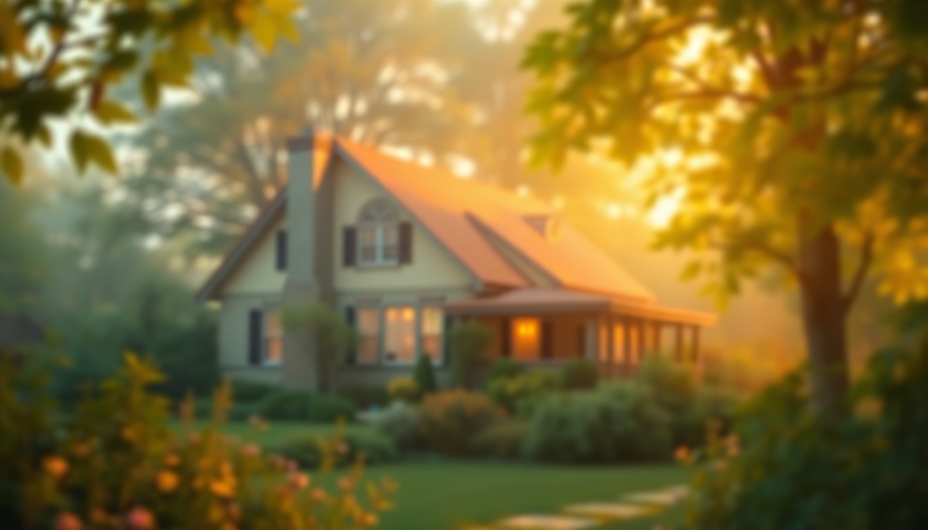 An extremely abstracted, out-of-focus photograph shot through condensation or rain-streaked glass, composed of a cozy suburban home surrounded by greenery in soft pools of warm color and light, creating a serene, dreamlike atmosphere.