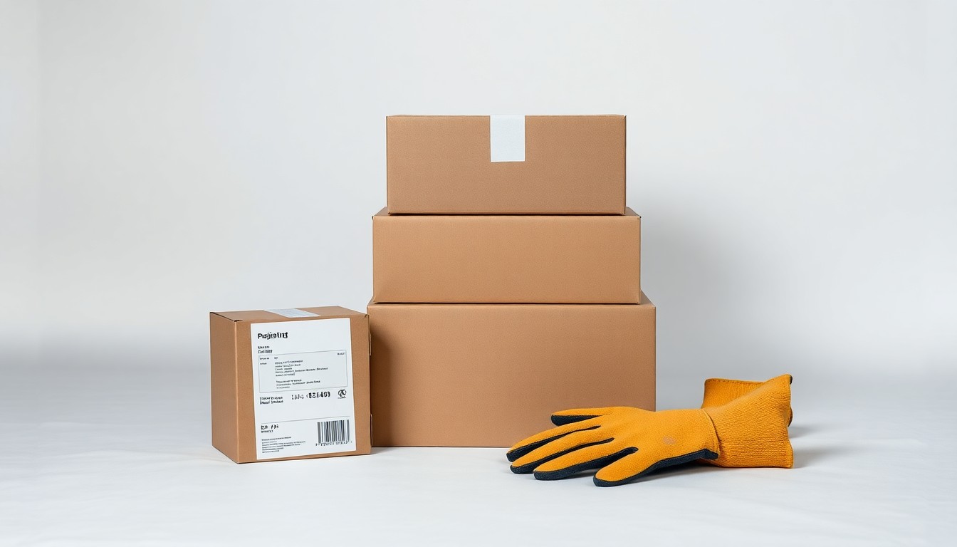 A high-end, photorealistic studio still-life photograph featuring a stack of cardboard boxes, a shipping label, and a pair of work gloves arranged elegantly on a clean, white background, conceptually representing the abstract concepts of logistics, supply chain management, and workforce adjustments.