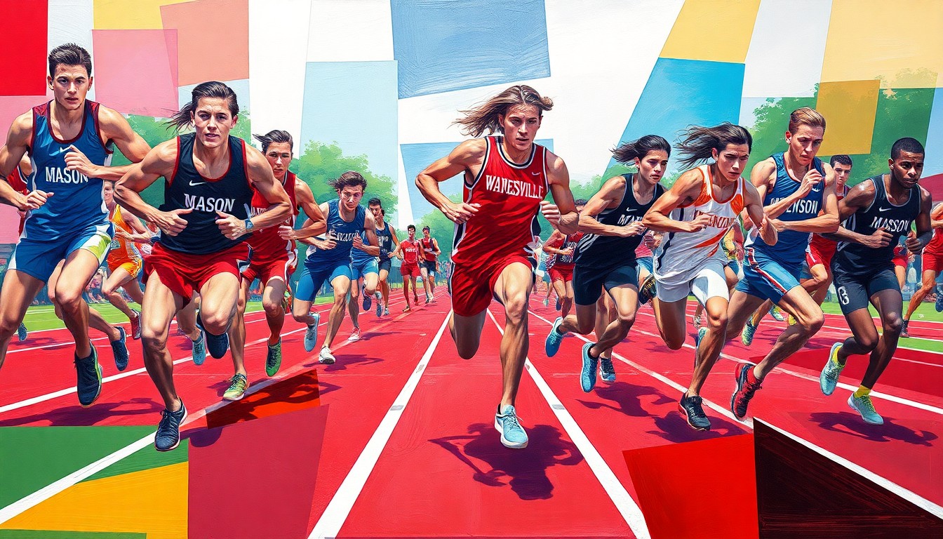 A fragmented, geometric painting depicting high school athletes in motion, with overlapping planes of bright colors representing the competing teams.