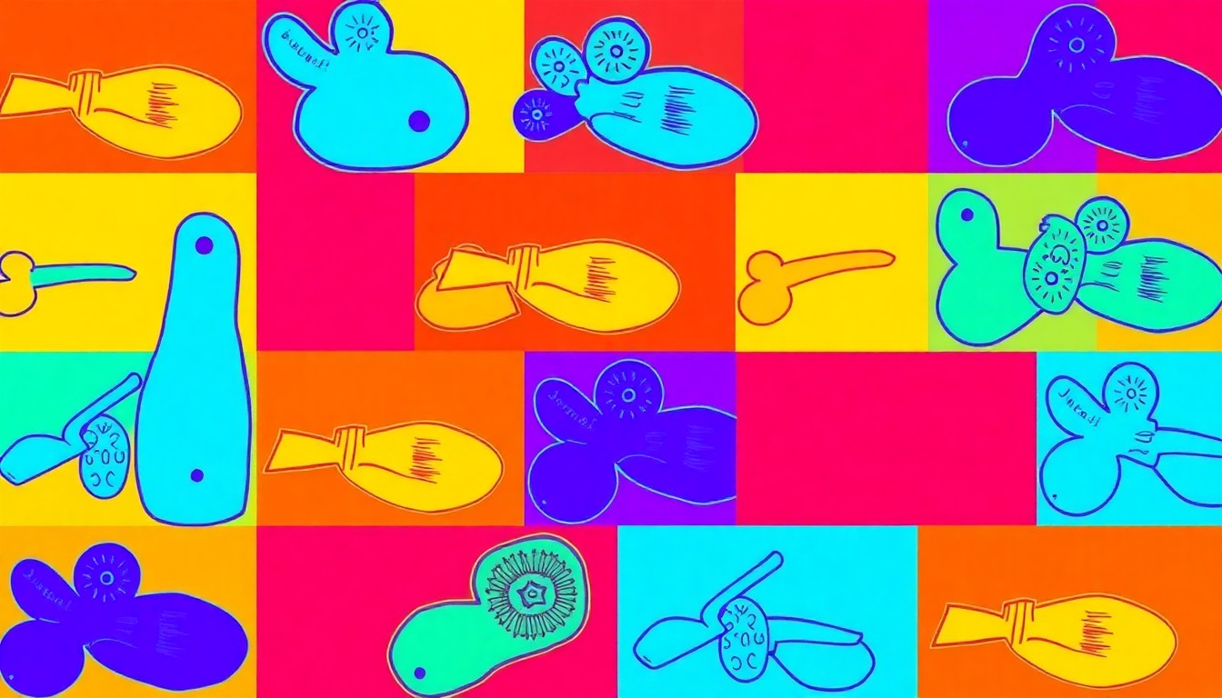 A high-contrast, silkscreen-style grid of a single, iconic Australian Indigenous ceremonial object, such as a carved wooden sculpture or natural pigment palette, rendered in a bold, neon color palette with heavy black outlines, conceptually representing the modern pop art display of ancient cultural artifacts.