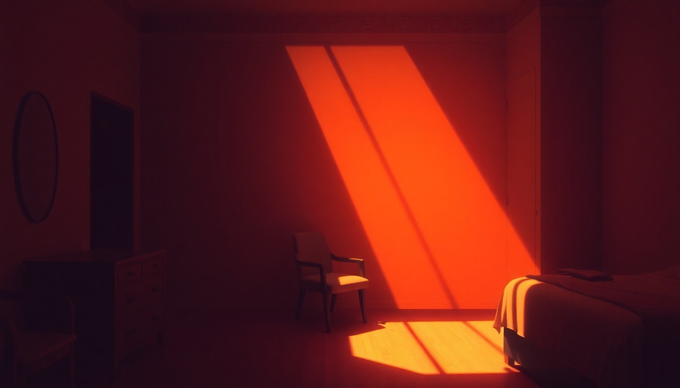 A dimly lit hotel room interior with a single chair and a partially visible bed, conveying a sense of quiet contemplation and unease through the use of warm, diagonal lighting and deep shadows.