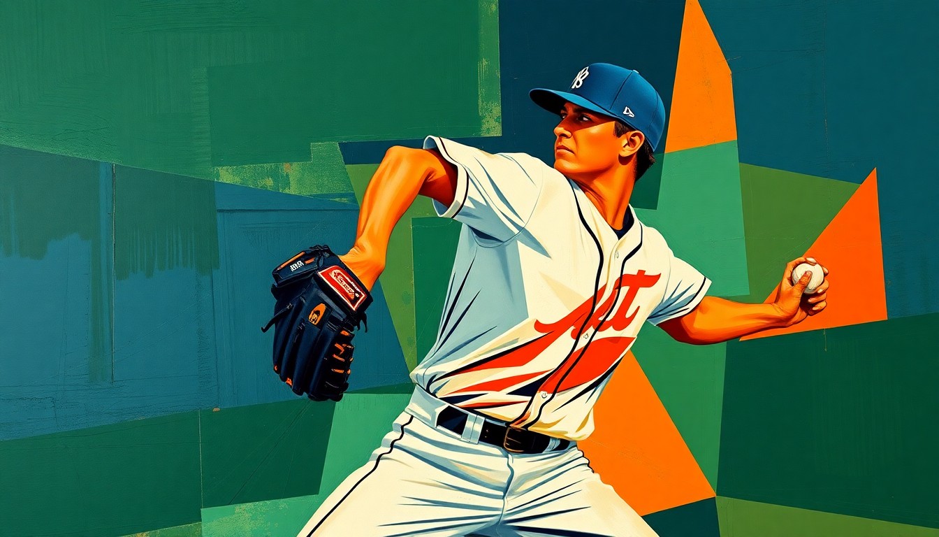 A fragmented, geometric painting depicting a baseball pitcher's motion broken down into sharp, overlapping planes of navy, green, and orange, conceptually representing the gradual return of a star player from injury.