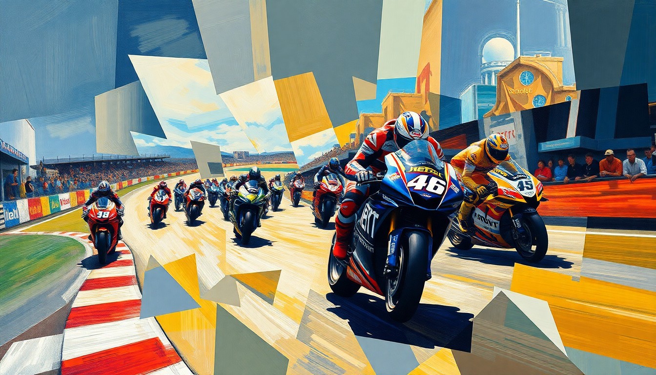 A cubist, geometric painting depicting a fragmented MotoGP race scene, with overlapping planes of color and shape representing the competitive forces shaping the 2026 championship.