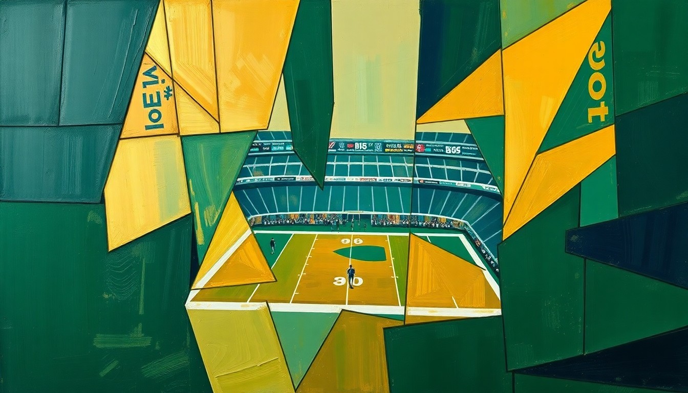 A cubist-style painting featuring fragmented, geometric shapes in shades of green, gold, and navy blue, conceptually representing the strategic challenge of building an NFL roster without a top draft pick.