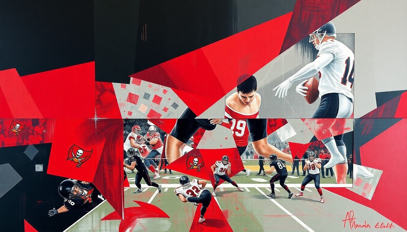 A cubist, geometric painting depicting a fragmented football game, with sharp planes of red, pewter, and black representing the Tampa Bay Buccaneers' team colors.