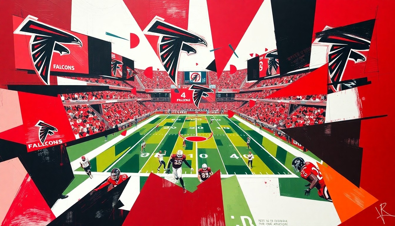 A cubist, geometric painting in red, black, and white, depicting fragmented and overlapping shapes that represent the various elements of an NFL draft or football game, conceptually illustrating the challenges the Falcons' new leadership faces in rebuilding the team with limited draft capital.