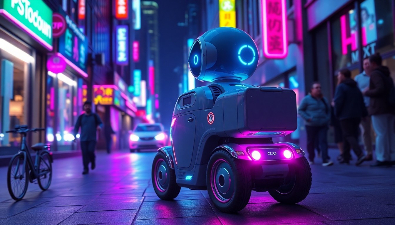 A highly detailed, glowing 3D illustration of a delivery robot with visible sensors and internal components, navigating a busy city sidewalk at night surrounded by neon lights, conceptually representing the advanced technology and sustainable transportation solution introduced in Jersey City.