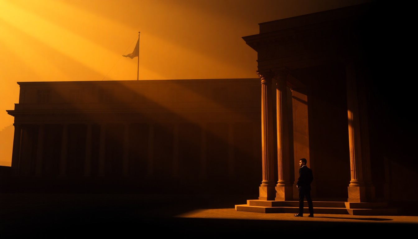 A serene, cinematic painting of a lone government building in Lebanon, its facade cast in warm, golden light and deep shadows, conveying a sense of political tension and shifting power dynamics.
