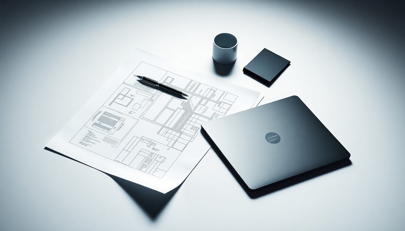 A minimalist, photorealistic studio still life featuring a sleek desk with a laptop, pen, and architectural plan, symbolizing the precision and attention to detail in the building performance and compliance services offered by the combined company.