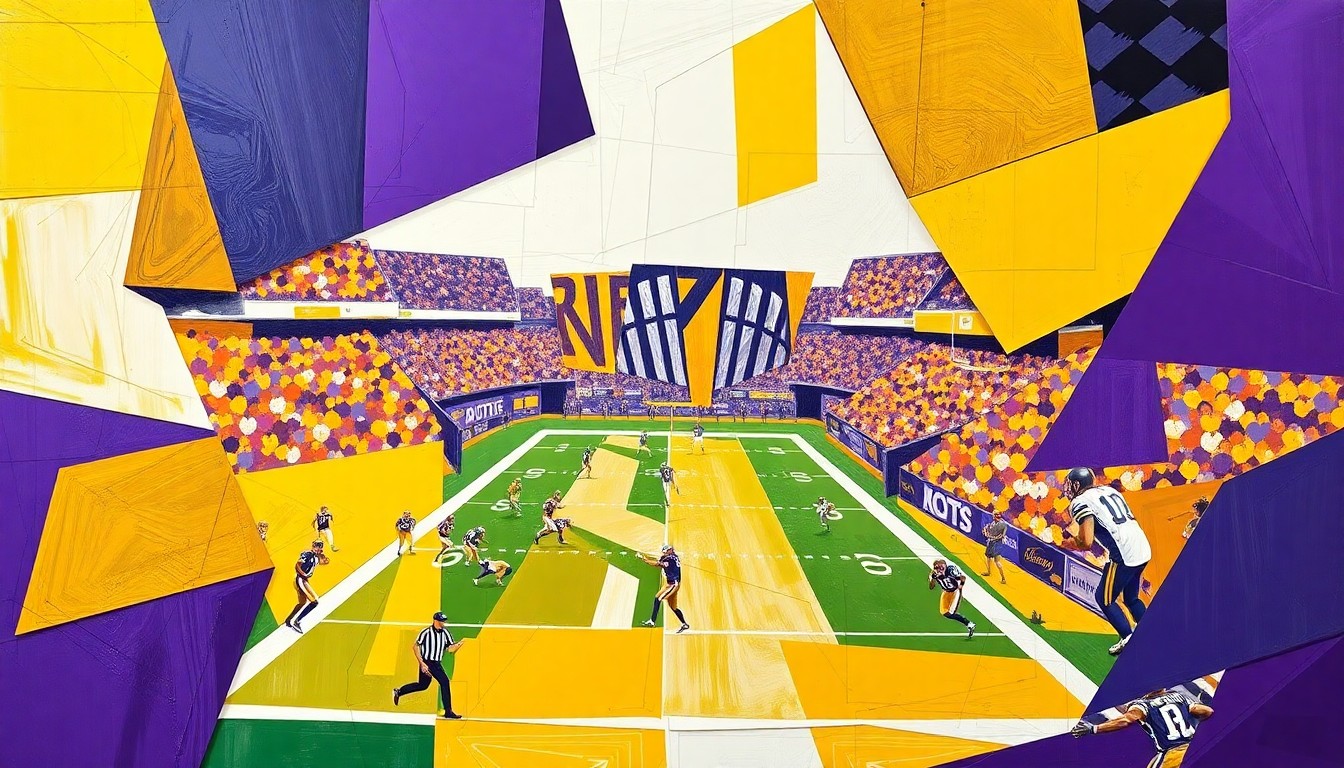 A cubist, geometric painting featuring overlapping planes of purple, gold, and white, conceptually representing the Minnesota Vikings' draft strategy and the team's need to rebuild through the draft.