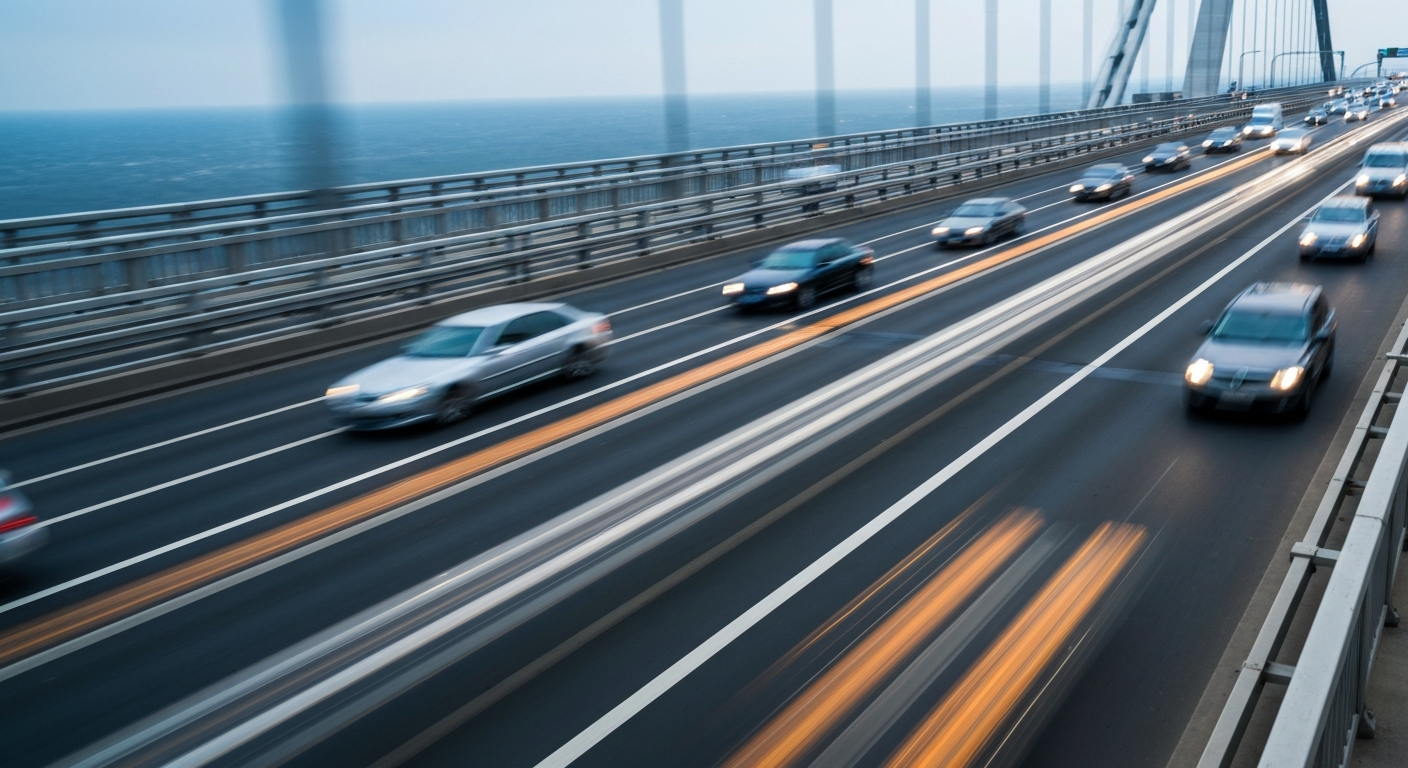 An abstract, colorful photograph depicting the motion and energy of cars crossing a bridge, with no identifiable details, conveying the concept of restored infrastructure and transportation.