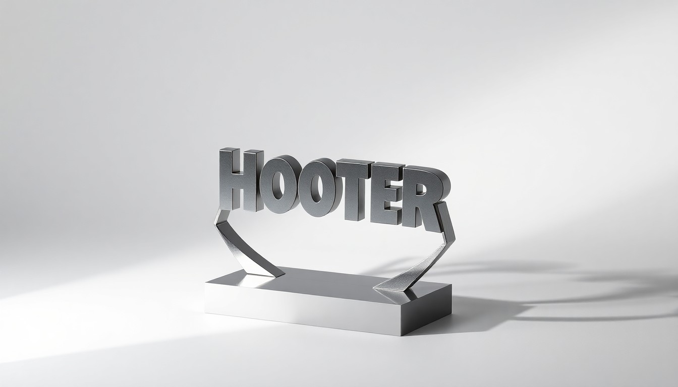 A highly detailed, photorealistic studio still-life image of a polished metal sculpture in the shape of the Hooters logo, resting on a clean white background and dramatically lit to convey a sense of refined minimalism.
