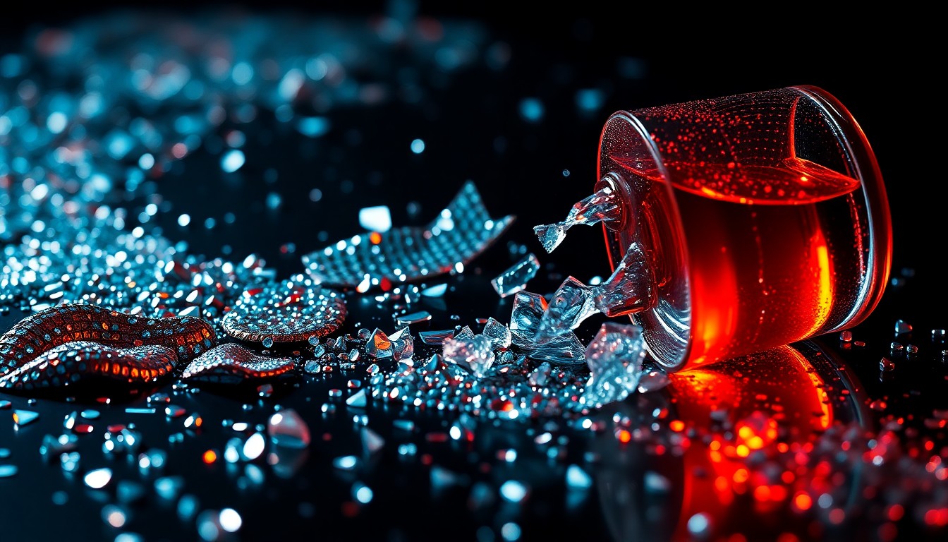 An abstract close-up photograph featuring a dramatic composition of sparkling sequins and shattered glass, conveying the glamour and fragility of high-society country club culture.