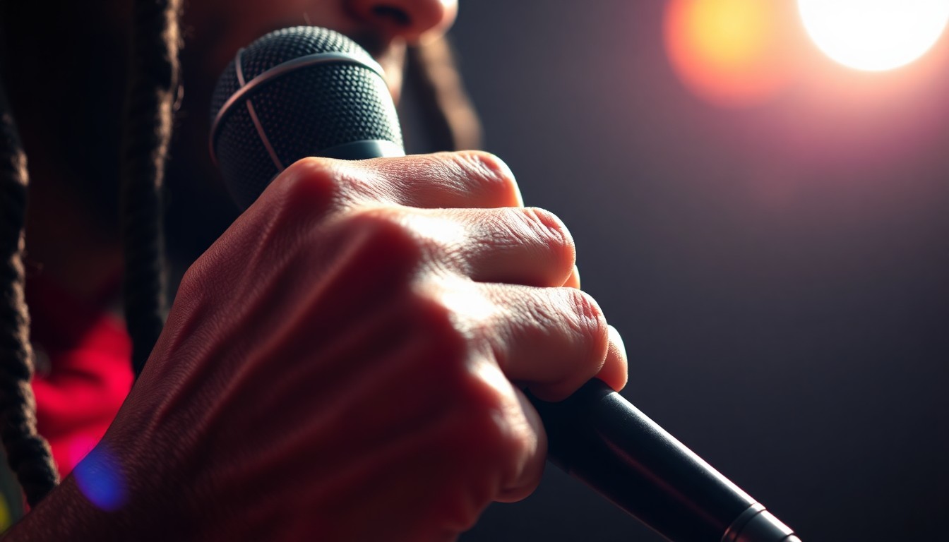 An extreme close-up of a hand holding a microphone, the skin and metal textures captured in dramatic, high-contrast lighting to create a sense of intimate, red-carpet glamour.