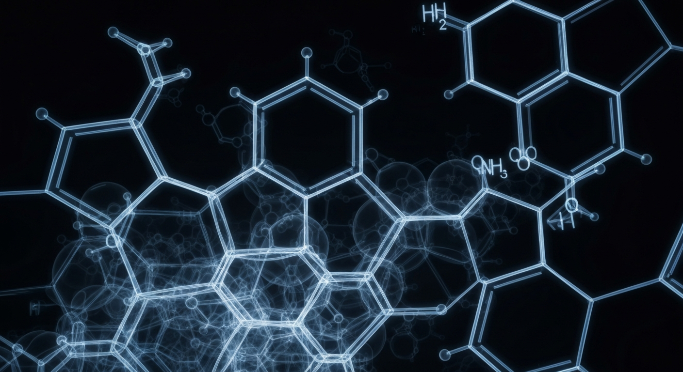An extreme close-up X-ray photograph showing the intricate, ghostly molecular structure of a PFAS chemical compound, conceptually illustrating the complex nature of regulating these persistent and potentially harmful substances.