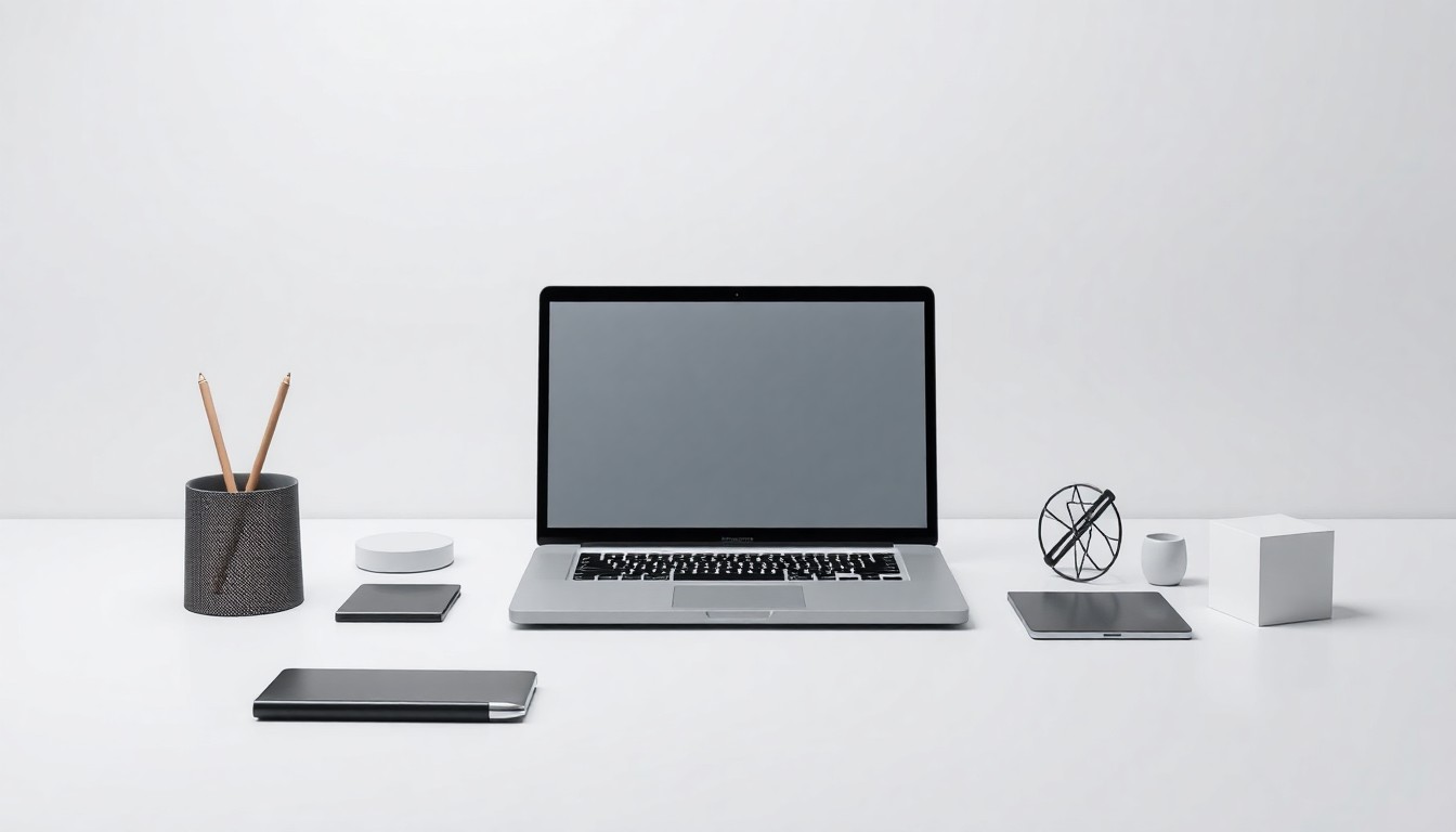 A minimalist, high-end studio photograph featuring a sleek desk setup with a laptop, pen, and other office accessories arranged elegantly on a clean, monochromatic background, conceptually representing Oscar's relocation and Manchester's thriving tech ecosystem.