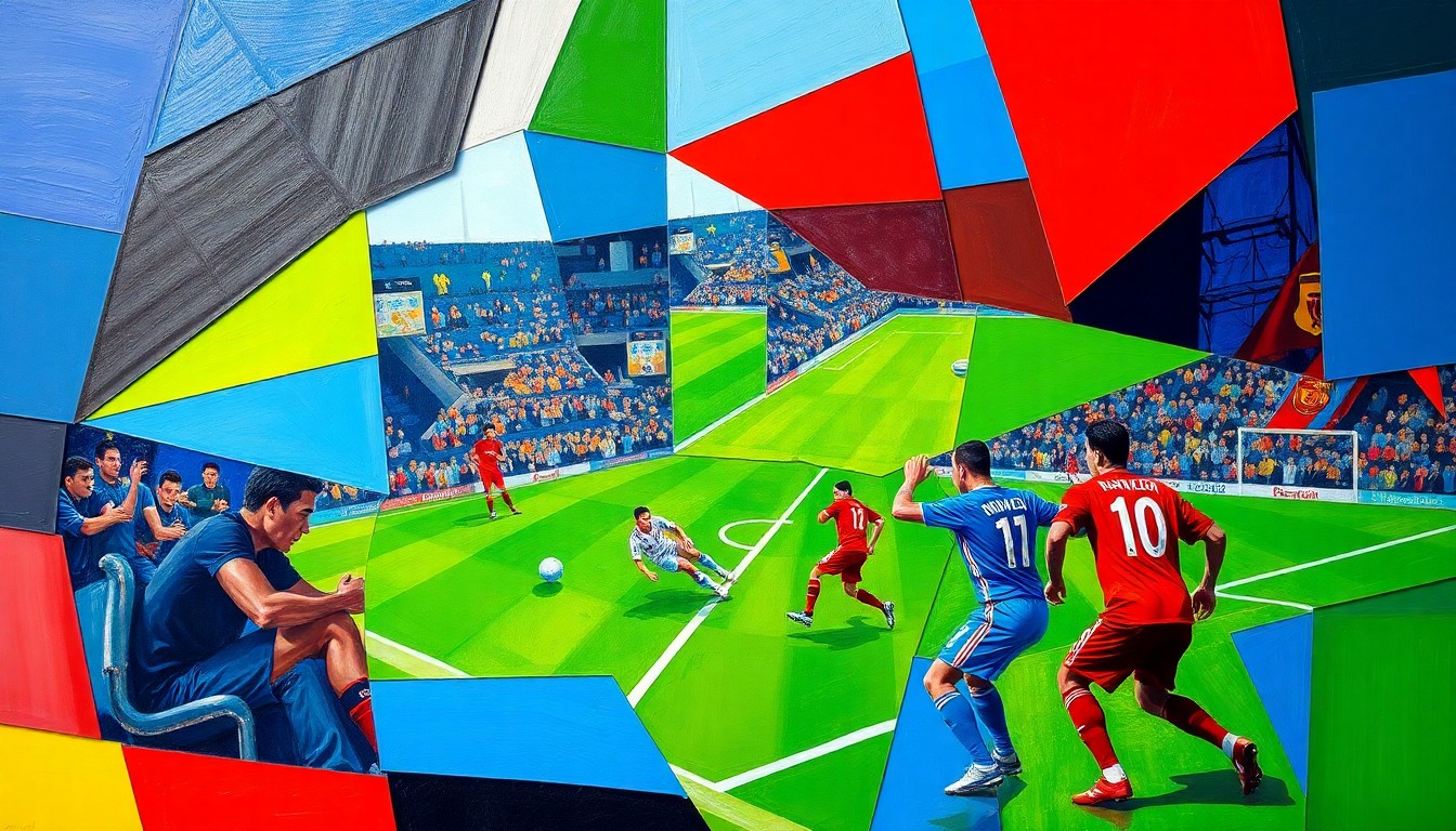 A fractured, geometric painting in vibrant colors depicting the abstract shapes and planes of a football game or match, capturing the energy and intensity of the sport without any recognizable faces or logos.
