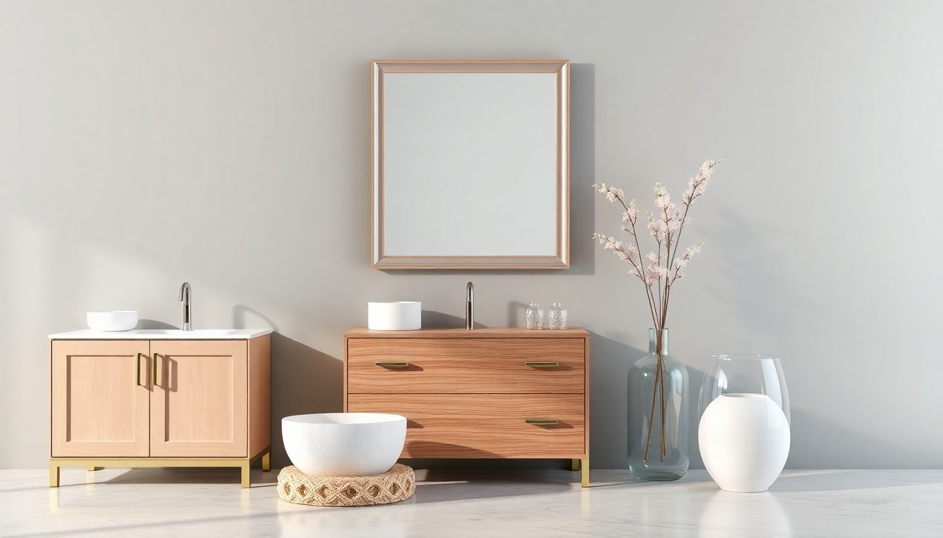 A high-end studio still life photograph featuring a polished bathroom vanity, framed mirror, and glass vase, conceptually representing the updated product displays and design collaboration spaces in Avalon Flooring's renovated Ocean City showroom.