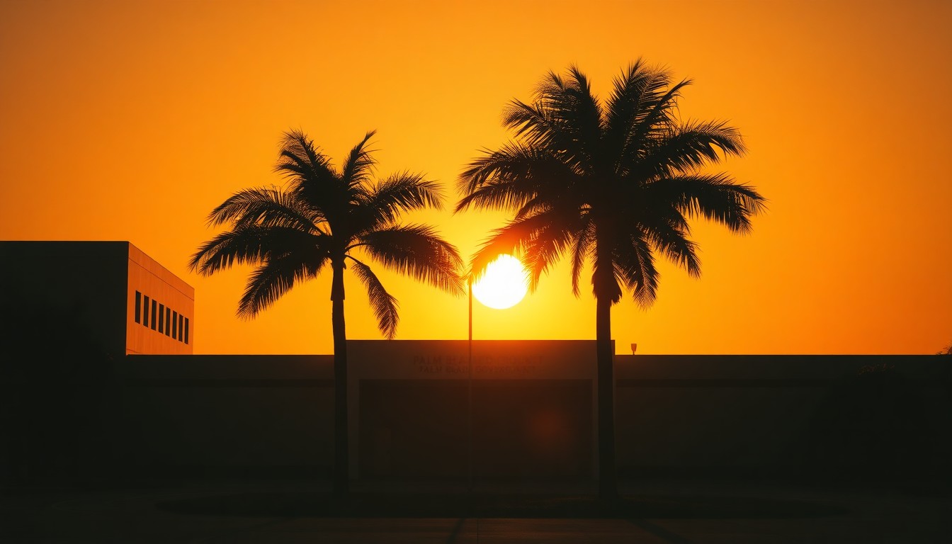 A serene, cinematic painting of a solitary palm tree silhouetted against a warm, golden sunset sky, casting long shadows across an empty government building, conveying a sense of political tension and civic unrest.