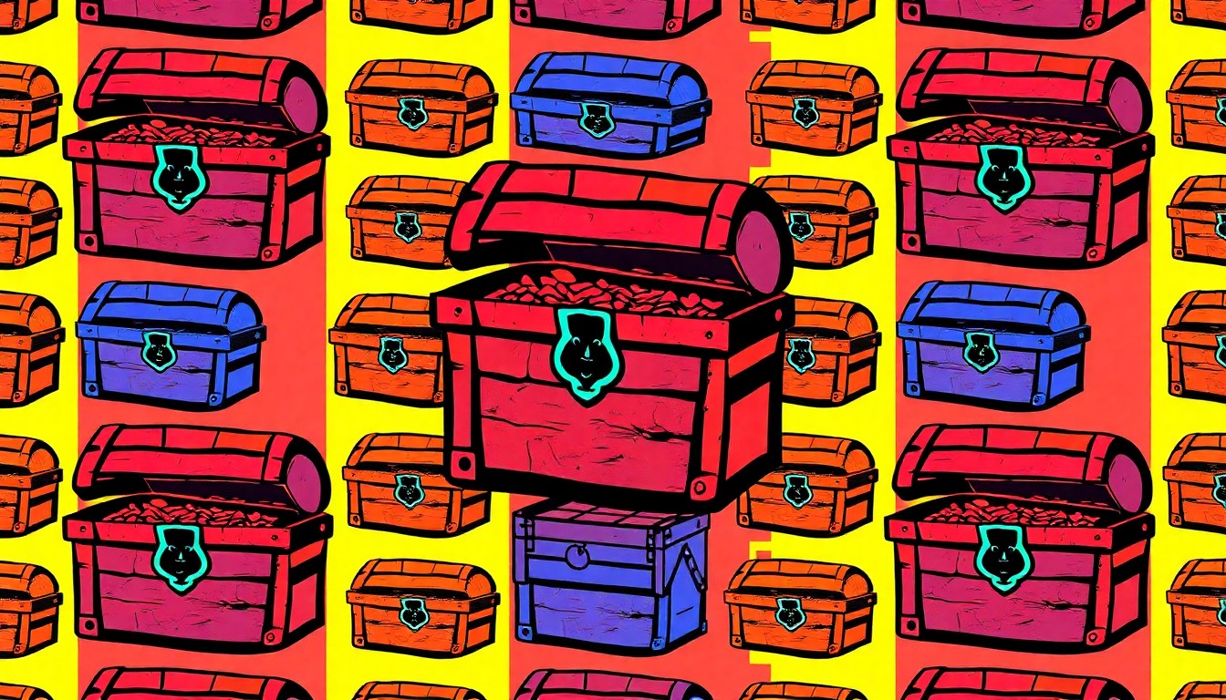 A brightly colored, high-contrast silkscreen print of a pirate's treasure chest, repeated in a tight grid pattern, conceptually representing the playful and imaginative spirit of a community pirate-themed celebration.