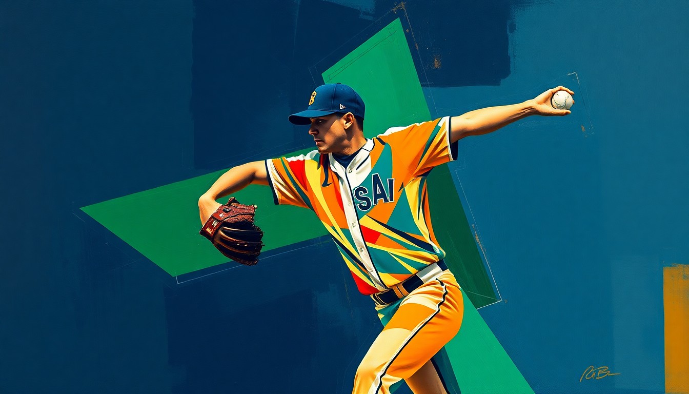 A fractured, abstract painting depicting the motion and energy of a baseball pitcher's windup and delivery, with sharp geometric shapes and planes in navy, green, and orange hues.