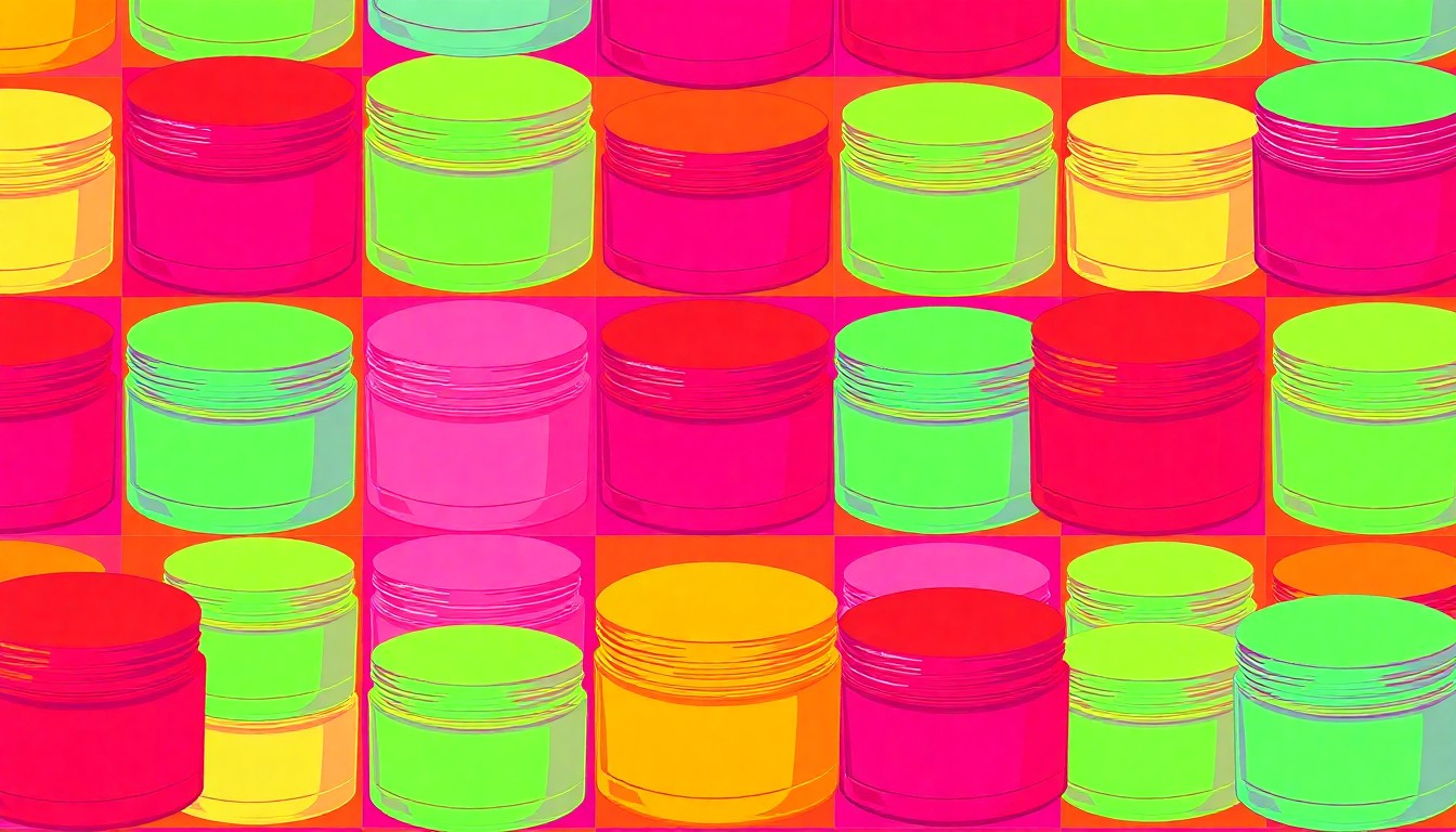 A brightly colored, high-contrast silkscreen print of a single, iconic beauty product such as a facial cream jar or makeup compact, repeated in a tight grid pattern with flat, vibrant, and unnatural neon color palettes overlapping with heavy black photographic outlines, conceptually representing the disconnect between a brand's public image and the reality experienced by its workers.