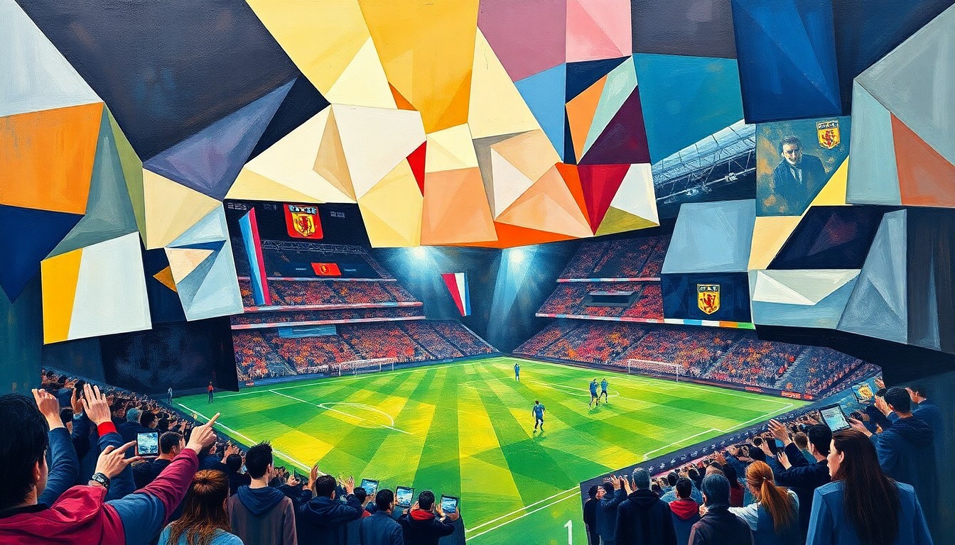 A fragmented, cubist-style painting depicting the intense action and competing perspectives of a high-stakes European football match, with players and the pitch deconstructed into sharp, geometric shapes and planes of color.