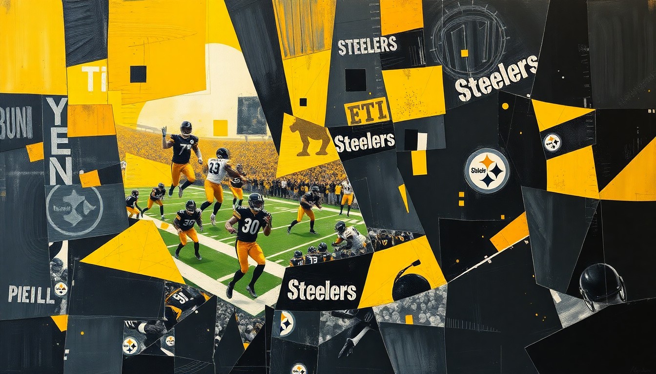 A cubist, geometric painting in black, gold, and gray tones, depicting fragmented and overlapping shapes that suggest the motion and energy of a football game.