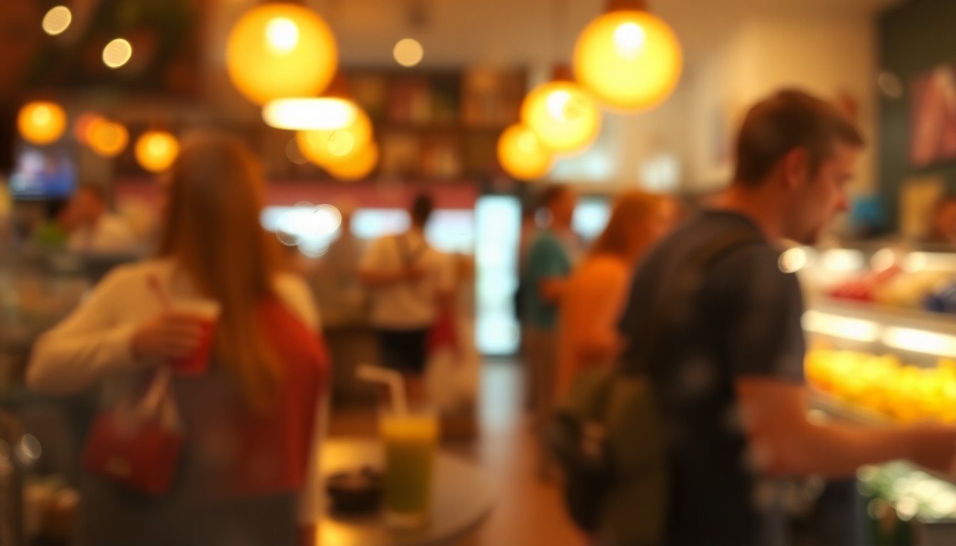 An abstract, impressionistic scene of blurred colors and soft light, evoking the tranquil atmosphere of customers enjoying fresh organic beverages at a specialty market.