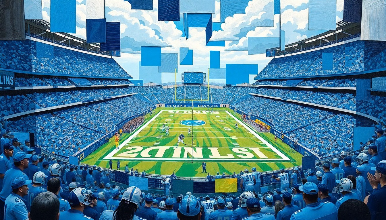 A fractured, cubist painting depicting a football game, with players, the field, and the stadium rendered in sharp, overlapping geometric planes of vibrant blue, silver, and black colors.