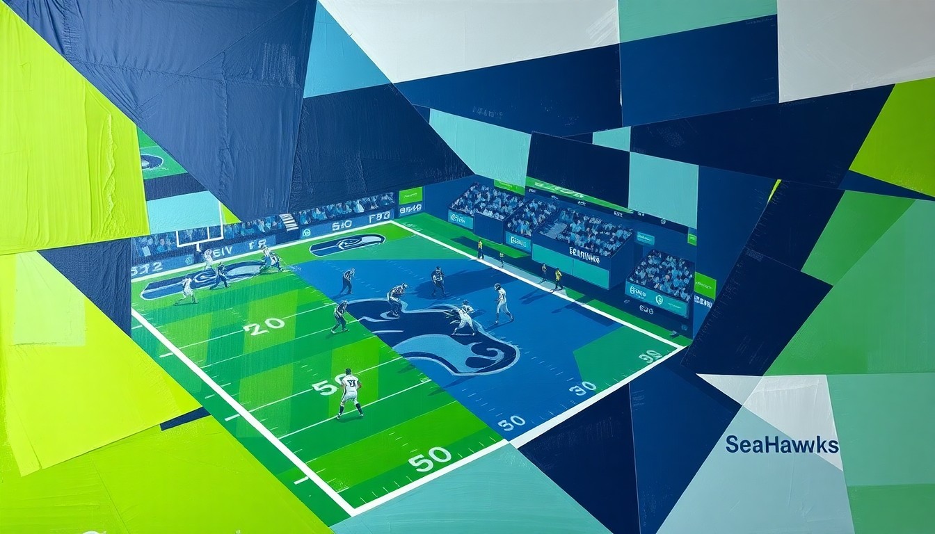 A cubist, geometric painting depicting a Seahawks football game or practice, with sharp, overlapping planes of navy blue, lime green, and silver representing the dynamic action on the field.