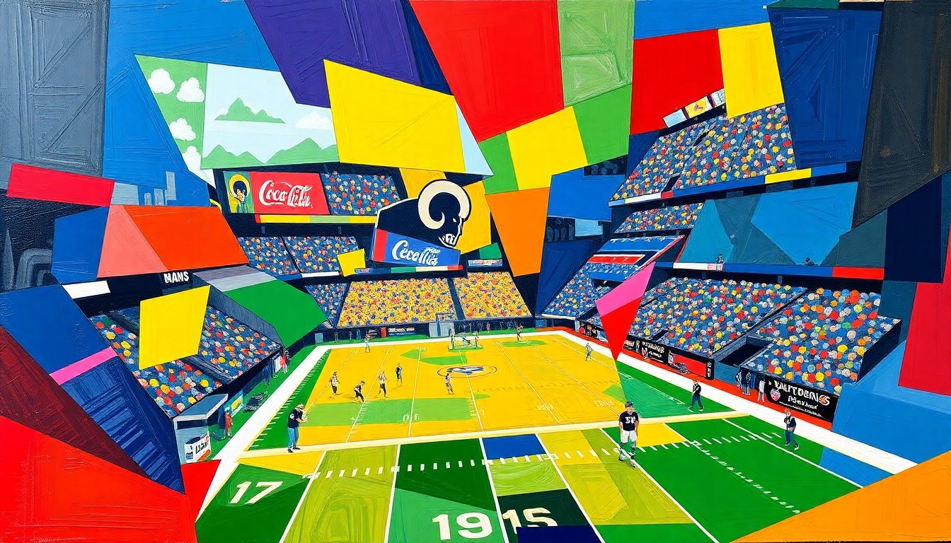 A cubist, geometric painting depicting a fragmented, multi-perspective scene of a football game or NFL draft, using the Rams' team colors to conceptually represent the team's strategic approach to the draft under GM Les Snead.