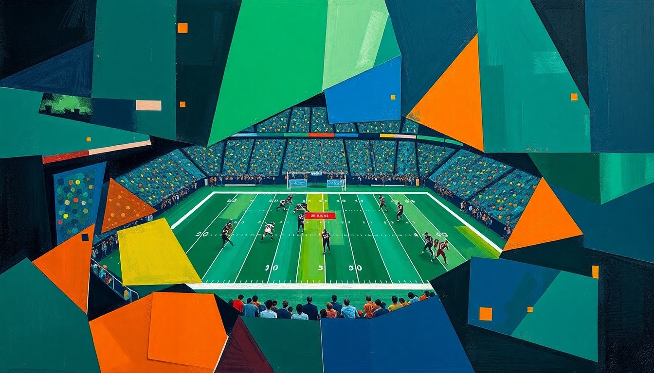 A cubist, geometric painting depicting an American football game, with sharp, overlapping planes of color representing the dynamic action on the field.